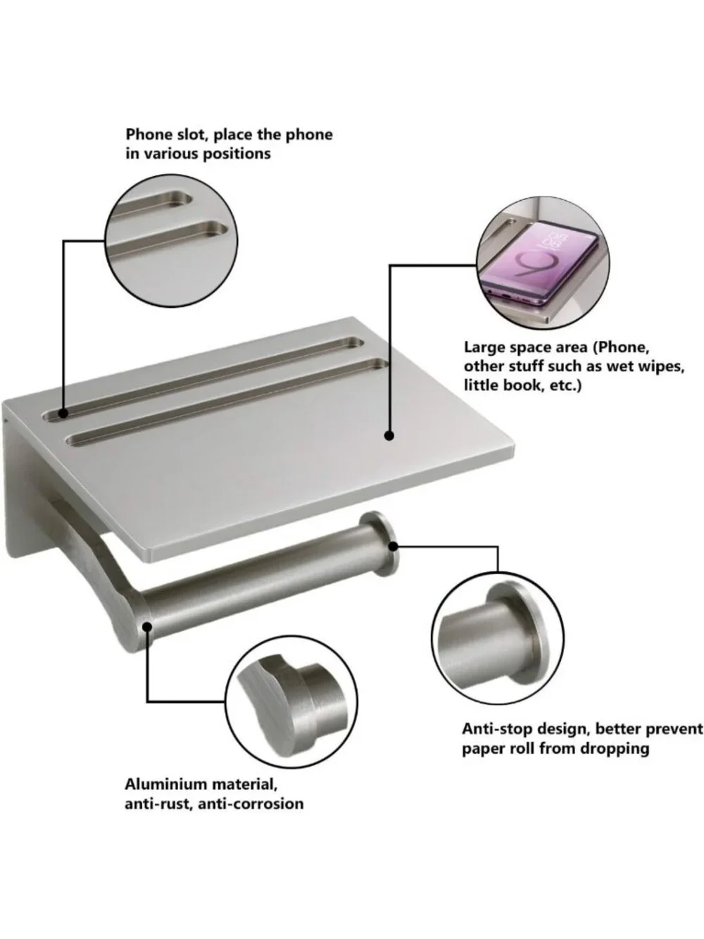 Stylish Toilet Paper Holder with Shelf - Aluminum Tissue Roll & Phone Storage